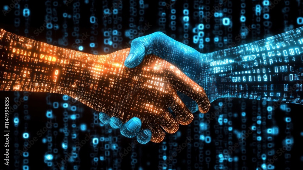 Aufkleber digital handshake, binary code background.