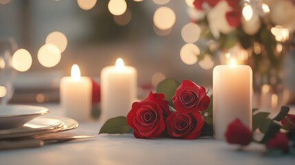 Romantic Candlelit Dinner Setting with Glowing Candles and Red Roses on the Table