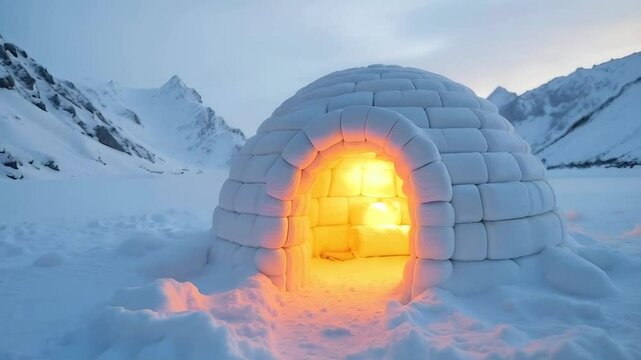 Cozy ice igloo made out of ice blocks on snow 