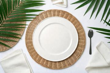 Empty Wicker Placemat with White Plate Space for Cuisine Mockup