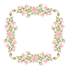 Pink roses with green leaves. Spring flowers square frame, border. Template with copy space. Hand drawn watercolor illustration isolated. Background for invitation, wedding, Valentines Day, textile.