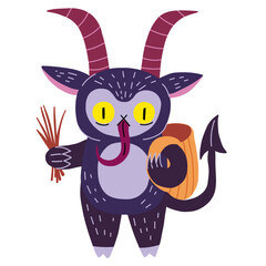 Hand drawn Christmas Krampus Goat devil illustration. Krampus character. Cute cartoon demon. Stock vector illustration isolated on white background.