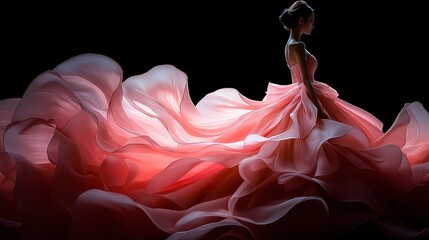   A female in pink attire facing a black backdrop with a red and white dress displayed