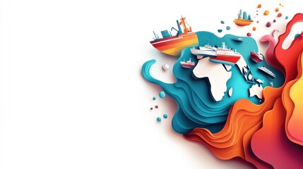 Abstract World Map Illustration in Bright Colors with Paper Cut Style Ships and Waves, Symbolizing Global Shipping and Trade, Perfect for Modern Business Designs
