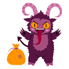 Hand drawn Christmas Krampus Goat devil illustration. Krampus character. Cute cartoon demon. Stock vector illustration isolated on white background.