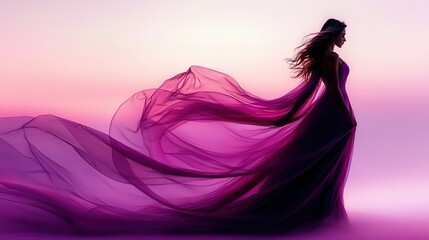 Fototapeta premium A woman wearing a long purple dress stands in the air against a pink and purple backdrop, her hair billowing