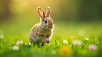 Fototapeta premium Adorable brown rabbit leaping in a sunlit meadow surrounded by colorful flowers