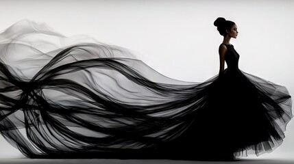   A woman wears a long black dress with a flowy back and her hair blows in the wind