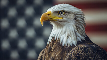 Obraz premium Majestic eagle against American flag, symbolizing freedom and pride