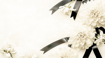 An elegant condolence card featuring soft chrysanthemums, a black ribbon, and a serene white background