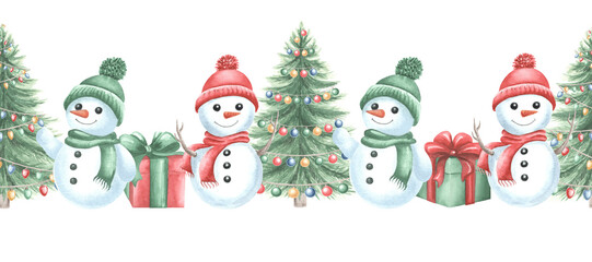 Snowmen with gift boxes and Christmas tree. Seamless border. Hand drawn watercolor illustration isolated. Winter holiday design. Cute kids character. Clipart for wrapping, postcard, wallpaper, textile