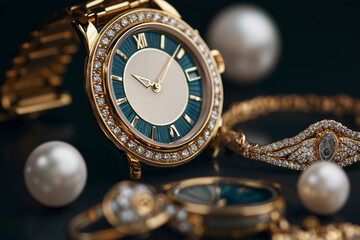 Elegant gold watches on dark display