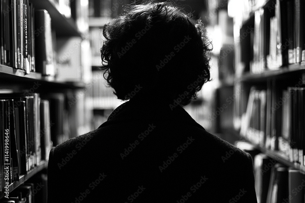 Poster librarian exploring aisles in a quiet library