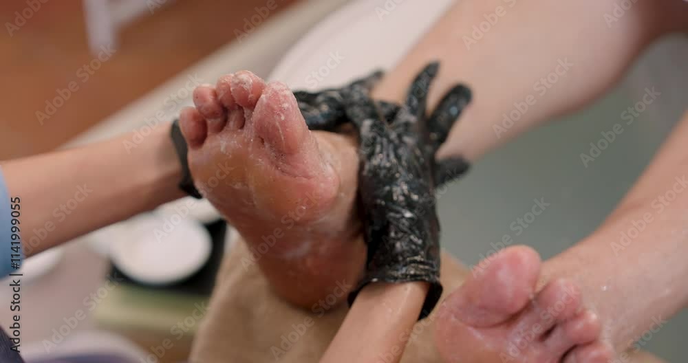 Poster Asian spa shop owner providing foot spa treatment to elderly customer. Young spa professional focused on client's foot, delivering relaxing and hygienic foot care service in serene, bright spa