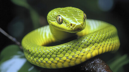 Fototapeta premium Close up photo of green snake coiled around tree branch, showcasing its vibrant scales