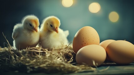 Wielkanoc - Dwa małe kurczątka obok jajek na sianie w ciepłym świetle