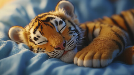 Obraz premium Sleeping baby tiger on soft blue blanket, exuding tranquility and warmth