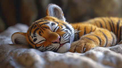 Obraz premium close up of happy baby tiger sleeping peacefully on soft bed