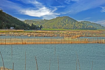 Fishing nets and poles stretching over a peaceful lake surrounded by lush green hills