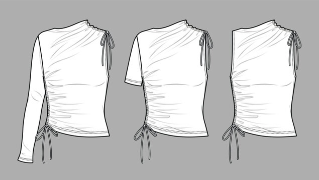 Vector asymmetric top with drawstring details fashion CAD, woman  one sleeve blouse technical drawing, template, sketch, flat, mock up. Jersey or woven fabric top set with front view, white color