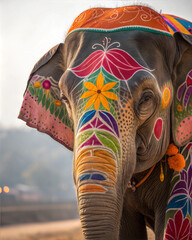 Naklejka premium Close-up portrait of a large elephant, adorned with vibrant, intricate painted designs. 