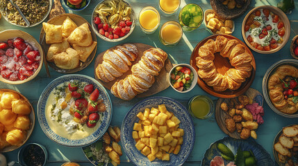 Fototapeta premium Bright and colorful breakfast spread with fresh pastries and fruits