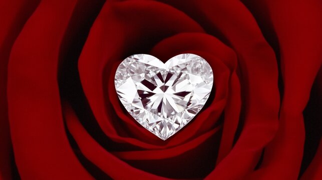 Diament w kształcie serca umieszczony w czerwonej r&oacute;ży