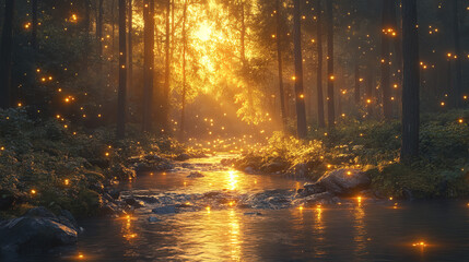 tranquil forest scene at sunset with shimmering light and fireflies