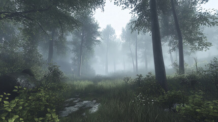 Obraz premium serene forest scene enveloped in mist showcasing tall trees and lush greenery