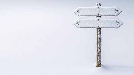 Obraz premium Snow-Covered Directional Sign in a Tranquil Winter Landscape
