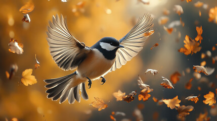Obraz premium beautiful bird captured in mid flight surrounded by autumn leaves