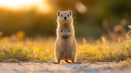 A small rodent stands upright in golden sunlight