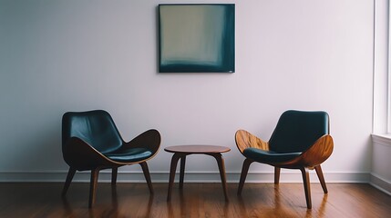 Two chairs flank round table photo in plain room mockup. AI Generated
