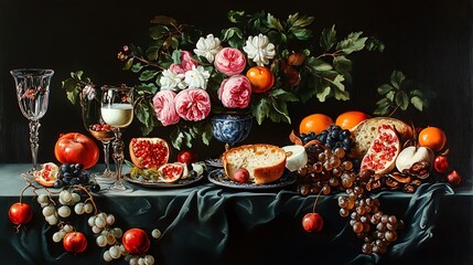 Fototapeta premium Lush still life painting with fruits and flowers in realistic style. AI Generated