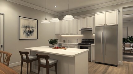 Fototapeta premium Brightly lit kitchen interior wide shot mockup photo. AI Generated