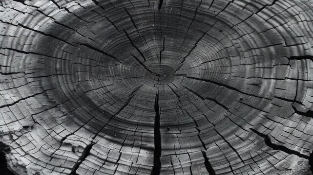 A large tree stump with many cracks and holes. The stump is surrounded by dirt and rocks. The image has a moody and somber feel to it, as the tree stump appears to be decaying