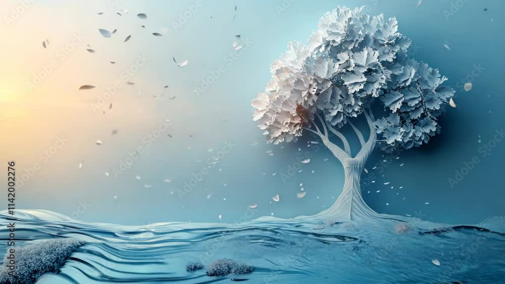 Poster a white tree is floating on the water with leaves falling from it. the scene is calm and tranquil, w