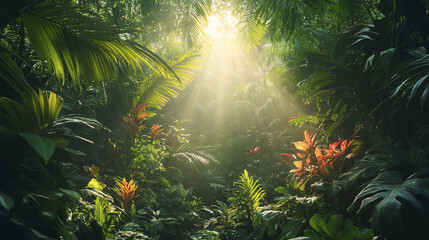 Naklejka premium Lush Amazon rainforest alive with vibrant life and dense greenery