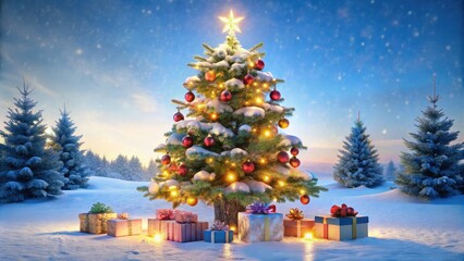 Isolated Christmas tree and presents create a winter wonderland scene, perfectly set against a pristine white background.