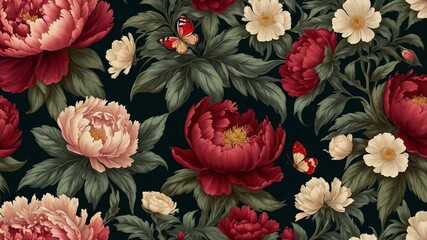 Elegant Vintage Floral Pattern with Red and Cream Peonies