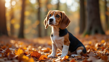 Beagle Sitting in Autumn Forest