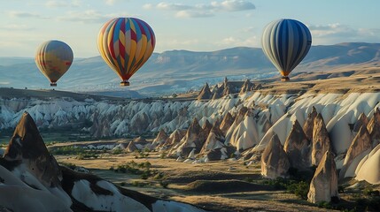 Obraz premium Wide shot hot air balloons calmly float over rocky terrain photo. AI Generated