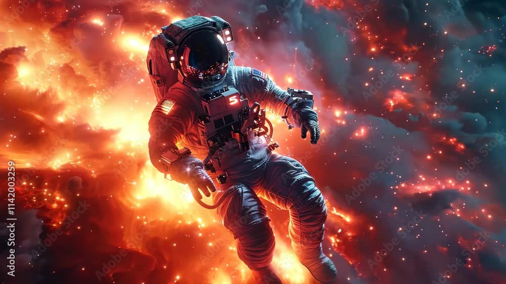 Poster a man in a spacesuit is floating in space. the background is filled with fire and smoke, giving the 