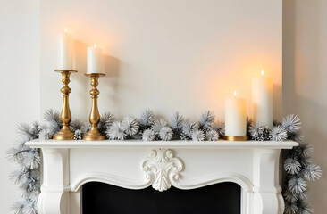 A serene and elegant Christmas mantelpiece arrangement featuring golden candle holders and sparkling baubles for refined seasonal decor. Selective focus. Ideal for home decor catalogs