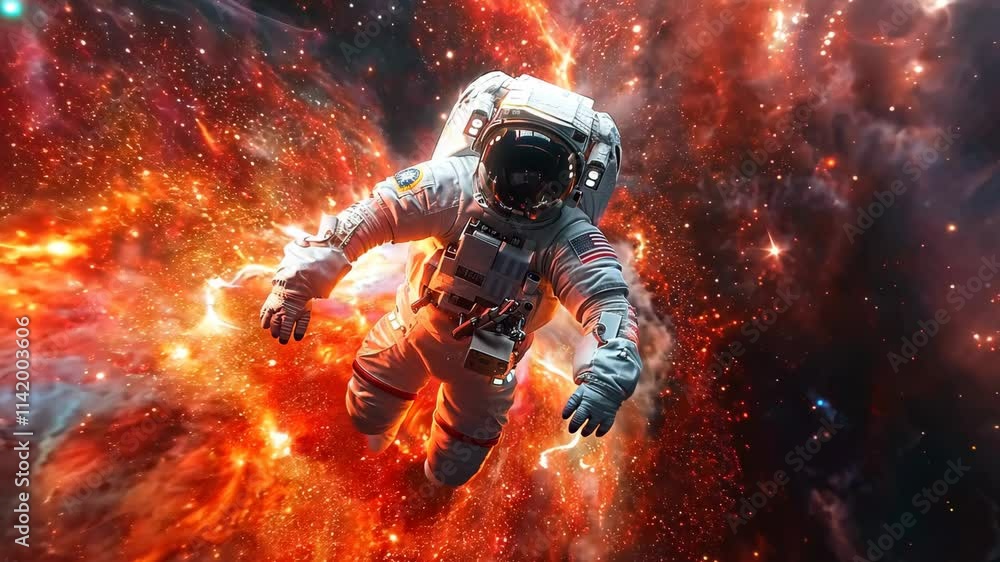 Poster a man in a spacesuit is floating in space above a fiery explosion. the scene is intense and dramatic