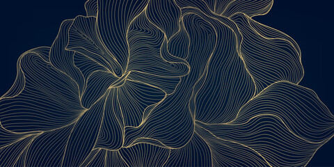 Vector art deco flower line pattern, abstract luxury floral leaf texture, plant ornament. Gold japanese nature illustration, elegant drawing