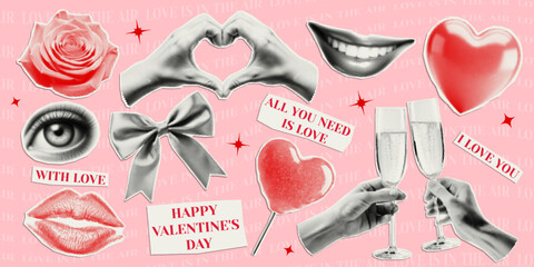 Collage elements for Valentine's Day cut from paper with halftone effect. Trendy vintage sticker for card, banner, background.