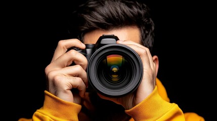 Capturing the Moment: A young photographer with a yellow hoodie peers through the lens of a digital SLR camera, ready to capture the perfect shot, symbolizing passion and creative vision. 