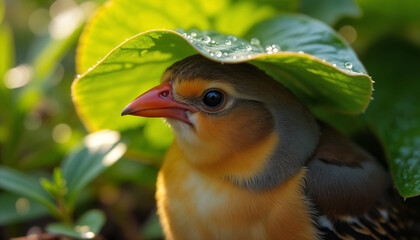 Obraz premium Bird Hiding Under Green Leaf