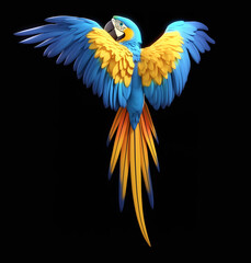 Fototapeta premium Parrot isolated. Vibrant Macaw Parrot. Flying parrot. Cartoon parrot. Cartoonish parrot. Blue and yellow macaw flying in isolated black background. Blue and yellow bird. Game parrot. Pirate parrot.